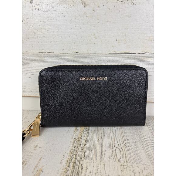 Michael Kors Women’s Large Black Pebbled Leather Smartphone Wristlet Wallet Zip - Picture 1 of 7